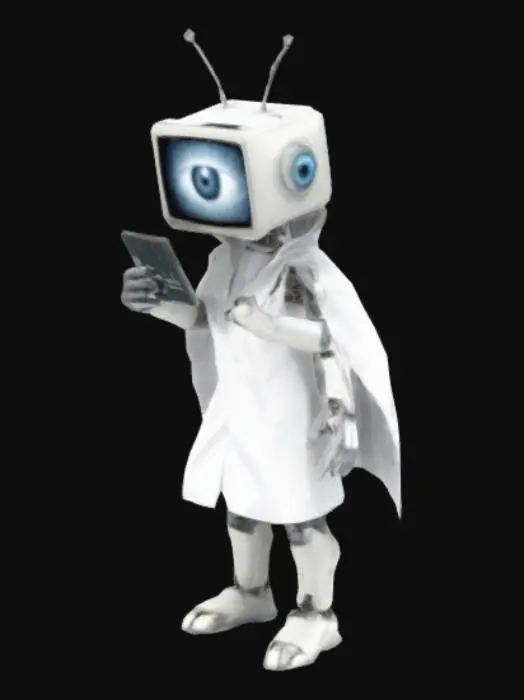 3D model for he takes control of mechanical bodies with long robotic arms and legs, and a TV head that displays his eye. All these bodies wear white cloaks made of lab coats stitched together.