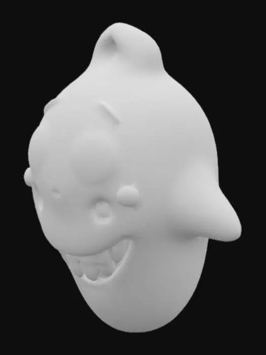3D model for Before becoming distorted, her features are simplistically cartoony, and she's more brightly colored; after becoming distorted, The Jolly Ghost's features become surreal and significantly worn down. Her triangular face makeup becomes lines down her face that stop at her wide grin -- this could be blackened tear tracks, the makeup in question after distortion, or cracks on her face due to her state of disrepair.