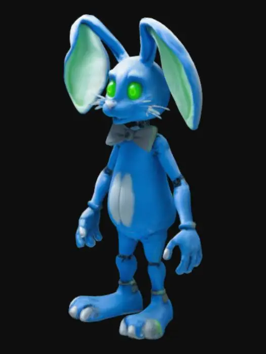 3D model for In his intact animatronic form, Bon is a mainly blue humanoid animatronic that resembles a rabbit. His chest, belly, fingers, toes, snout, and the inside of his ears are a light off-white. His legs and lower arms are a dull silver. He has lime-green eyes and his only items of clothing are a small 70's style bright red bow-tie and a single medium-sized black button on the center of his chest below it. He sports long, droopy bunny ears and a pointed snout.