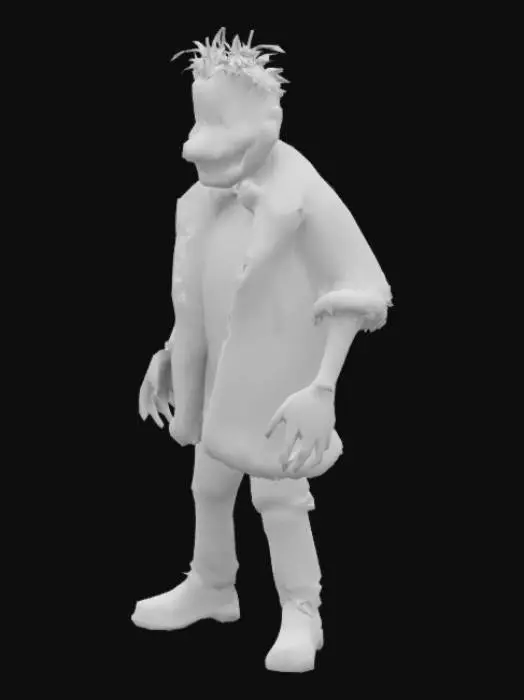 3D model for Lorenzo, during the events of The Mysterious House, has an orange coat of fur, with the undersides of his ears and his belly being a lighter shade of orange. He sports a yellow mask that depicts a twisted smile and yellow snout. His arms, neck, and legs are dark green, similar to a robot’s mech, and he wears a purple bowtie around his neck. He also appears to have animatronic-like withering all along his limbs & torso.