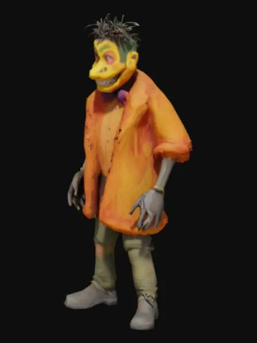 3D model for Lorenzo, during the events of The Mysterious House, has an orange coat of fur, with the undersides of his ears and his belly being a lighter shade of orange. He sports a yellow mask that depicts a twisted smile and yellow snout. His arms, neck, and legs are dark green, similar to a robot’s mech, and he wears a purple bowtie around his neck. He also appears to have animatronic-like withering all along his limbs & torso.