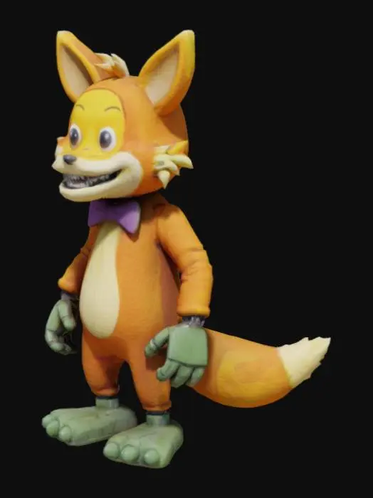 3D model for Lorenzo, during the events of The Mysterious House, has an orange coat of fur, with the undersides of his ears and his belly being a lighter shade of orange. He sports a yellow mask that depicts a twisted smile and yellow snout. His arms, neck, and legs are dark green, similar to a robot’s mech, and he wears a purple bowtie around his neck. He also appears to have animatronic-like withering all along his limbs & torso.