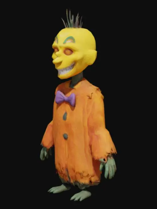3D model for Lorenzo, during the events of The Mysterious House, has an orange coat of fur, with the undersides of his ears and his belly being a lighter shade of orange. He sports a yellow mask that depicts a twisted smile and yellow snout. His arms, neck, and legs are dark green, similar to a robot’s mech, and he wears a purple bowtie around his neck. He also appears to have animatronic-like withering all along his limbs & torso.