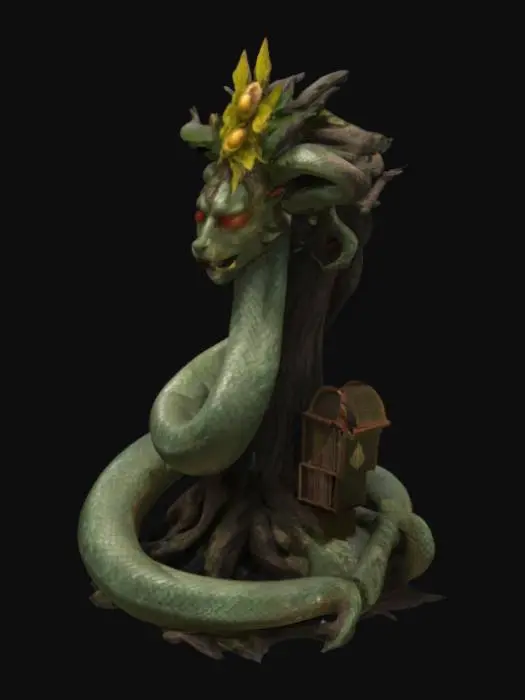 3D model for Card Title: The Serpent
Subtitle: The Source of Knowledge
Type: Anomaly, Sentient, Supreme Divine
Description: Tricked Adam El Asem into eating from the Tree of Knowledge, freeing itself from its prison. Legends say the Wanderer’s Library is built on its back. Thinks it knows everything. Probably does.