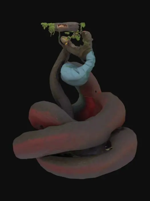 3D model for Card Title: The Serpent
Subtitle: The Source of Knowledge
Type: Anomaly, Sentient, Supreme Divine
Description: Tricked Adam El Asem into eating from the Tree of Knowledge, freeing itself from its prison. Legends say the Wanderer’s Library is built on its back. Thinks it knows everything. Probably does.