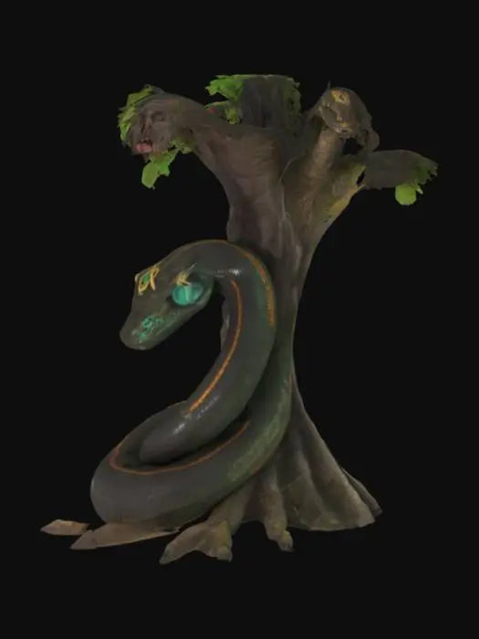 3D model for Card Title: The Serpent
Subtitle: The Source of Knowledge
Type: Anomaly, Sentient, Supreme Divine
Description: Tricked Adam El Asem into eating from the Tree of Knowledge, freeing itself from its prison. Legends say the Wanderer’s Library is built on its back. Thinks it knows everything. Probably does.