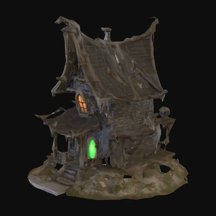 3D model for Strange haunted mansion. creepy architecture and broken windows with cobwebs and crooked beam, dark but detailed surfaces showing dilapidated exterior on a house that appears to be old built well constructed. Spooky vibe with elements of bygone eras and classic haunted house themed touches.