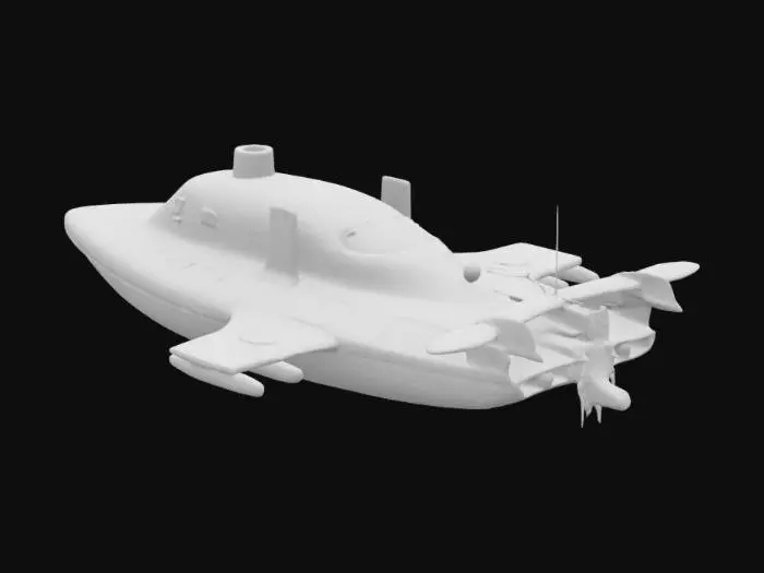 3D model for A sleek, compact submerine with a multi-rotor design, featuring four prominent, curved propeller arms extending from a central, smooth cylindrical body. It has a matte black finish, suggesting a durable, lightweight composite material like carbon fiber or high-grade plastic. The surface is smooth to the touch, with a subtle tactile grip on the landing skids. Small, clear lenses for cameras are flush-mounted, giving it a futuristic, purposeful appearance.
