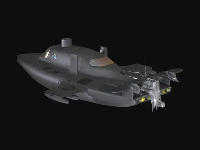 3D model for A sleek, compact submerine with a multi-rotor design, featuring four prominent, curved propeller arms extending from a central, smooth cylindrical body. It has a matte black finish, suggesting a durable, lightweight composite material like carbon fiber or high-grade plastic. The surface is smooth to the touch, with a subtle tactile grip on the landing skids. Small, clear lenses for cameras are flush-mounted, giving it a futuristic, purposeful appearance.
