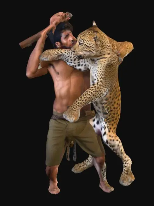 3D model for Мцыри и огромный барс изображены в момент напряжённого поединка. Юноша в короткой рубахе, с открытой грудью, полусидит на земле, обхватив зверя за шею. Левая рука крепко удерживает барса, правая занесена с дубинкой для решающего движения. Барс вытянул передние лапы вперёд, задние упираются в землю, корпус напряжён, хвост изогнут. Пасть полуоткрыта, голова наклонена к Мцыри, но не агрессивно, а в динамике борьбы. Волосы юноши растрёпаны, лицо сосредоточено, мышцы напряжены. Композиция передаёт равновесие сил: человек и зверь словно единый узел энергии, остановленный в кульминации движения.