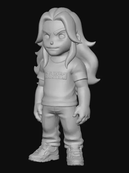 3D model for A game-ready 3D low poly model of "Jake from Downtown," a shooting guard, in an anime-inspired cartoon style. He features a stylized tan complexion with sharp, angular facial planes, long flowing brown hair with simplified strands, and large, expressive brown anime eyes with bold outlines. His athletic, blocky physique, exaggerated for speed and dribbling, sports a vibrant, cel-shaded original white Supreme logo t-shirt, sleek dark blue low poly jeans, and iconic, geometrically simplified original Air Jordan 3 sneakers with distinct facets.