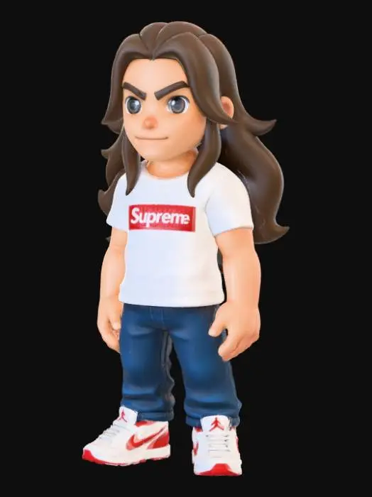 3D model for A game-ready 3D low poly model of "Jake from Downtown," a shooting guard, in an anime-inspired cartoon style. He features a stylized tan complexion with sharp, angular facial planes, long flowing brown hair with simplified strands, and large, expressive brown anime eyes with bold outlines. His athletic, blocky physique, exaggerated for speed and dribbling, sports a vibrant, cel-shaded original white Supreme logo t-shirt, sleek dark blue low poly jeans, and iconic, geometrically simplified original Air Jordan 3 sneakers with distinct facets.