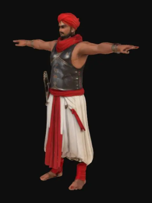 3D model for Create a stylized 3D model of a Maratha warrior in T-pose for a game. He wears a white pleated dhoti with red borders, a red waist sash, black leather chest armor with metallic accents, and crossed daggers on the chest. Add a red scarf (shela) draped over one shoulder and a traditional red turban (Pheta) on the head. Include bracers or arm wraps . The model should have a serious expression, mustache, and beard. Ensure clean topology, rig-ready pose, and separated fingers. Use PBR textures: cloth folds, worn leather, and shiny metal. Style should mix history with cinematic flair, optimized for real-time games.