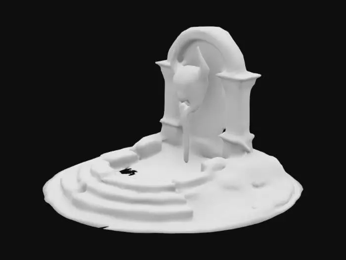 3D model for moss covered medieval fountain with grotesque demonic face, black and red ancient carved stone. realism, highest resolution, best quality, 4k textures, 