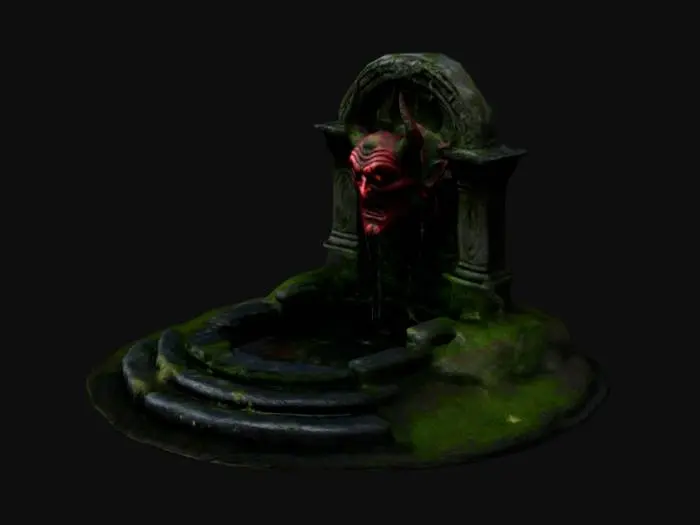 3D model for moss covered medieval fountain with grotesque demonic face, black and red ancient carved stone. realism, highest resolution, best quality, 4k textures, 