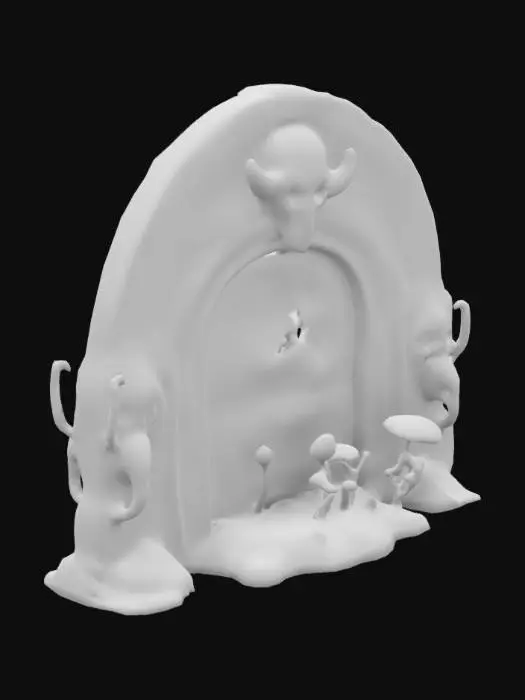 3D model for The object is  an ancient demonic stone portal of black and electric green that leads to an alternate reality. Intricately detailed carved skull fresco wall, with arcane etchings and mystic symbols. Symmetrically arranged celestial stones, bioluminescent green mushrooms emanating raw power for the active portal.