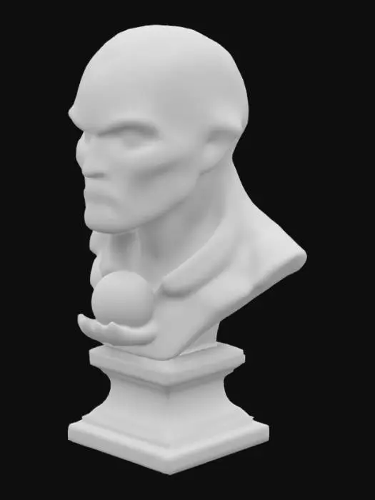 3D model for The object resembles a stone-like humanoid bust with angular, jagged geometric shapes, textured with cracks and patches of moss, holding a glowing, intricately designed orb., the object is a stone-like, intricately carved bust with an ancient, mystical appearance featuring glowing purple cracks and runic inscriptions, sitting on a pedestal of similar design