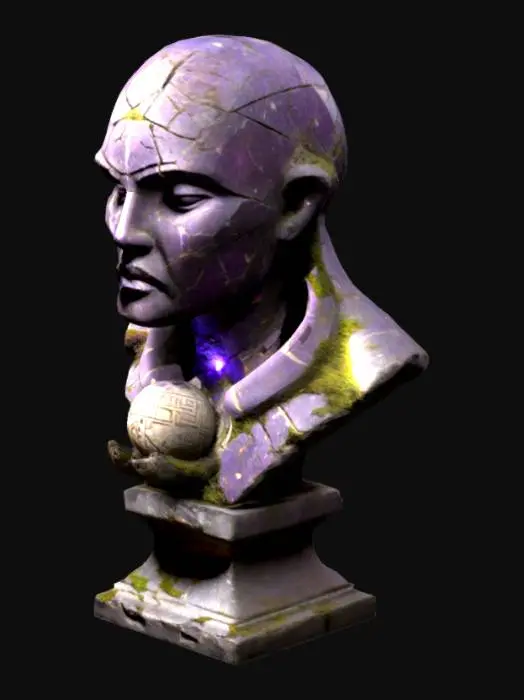 3D model for The object resembles a stone-like humanoid bust with angular, jagged geometric shapes, textured with cracks and patches of moss, holding a glowing, intricately designed orb., the object is a stone-like, intricately carved bust with an ancient, mystical appearance featuring glowing purple cracks and runic inscriptions, sitting on a pedestal of similar design