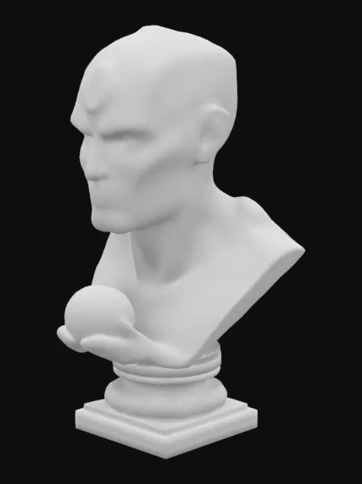 3D model for The object resembles a stone-like humanoid bust with angular, jagged geometric shapes, textured with cracks and patches of moss, holding a glowing, intricately designed orb., the object is a stone-like, intricately carved bust with an ancient, mystical appearance featuring glowing purple cracks and runic inscriptions, sitting on a pedestal of similar design