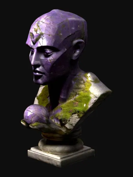 3D model for The object resembles a stone-like humanoid bust with angular, jagged geometric shapes, textured with cracks and patches of moss, holding a glowing, intricately designed orb., the object is a stone-like, intricately carved bust with an ancient, mystical appearance featuring glowing purple cracks and runic inscriptions, sitting on a pedestal of similar design