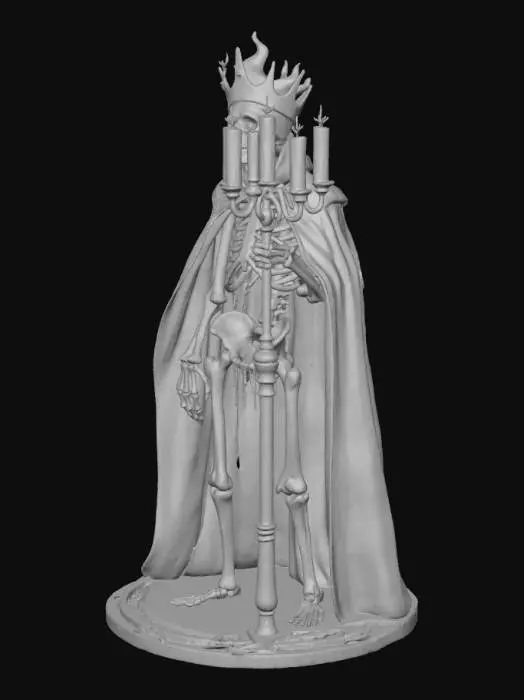 3D model for Skeletal king with a cracked jaw made of wax, wearing a molten candle crown, long regal cloak dripping with candle wax, holding a flaming candelabra, eerie golden light glowing from his chest cavity, surrounded by floating candles and mist, cinematic Halloween scene, dark gothic fantasy, #Halloween2025#