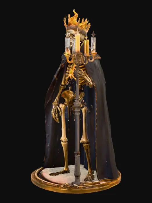 3D model for Skeletal king with a cracked jaw made of wax, wearing a molten candle crown, long regal cloak dripping with candle wax, holding a flaming candelabra, eerie golden light glowing from his chest cavity, surrounded by floating candles and mist, cinematic Halloween scene, dark gothic fantasy, #Halloween2025#