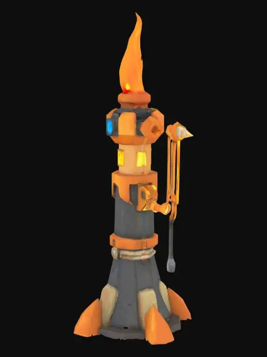 3D model for Generate a basic flamethrower tower that can be used in tower defense games in a lowpoly style