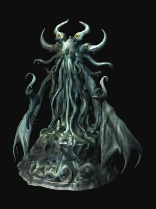 3D model for The eldritch god statue stands tall on a pedestal, its form imposing and terrifying. Its body is a misshapen amalgamation of tentacles and eyes, writhing and twisting in ways that defy logic and reason. Its face is vaguely humanoid, but its features are twisted and grotesquery. The pedestal is carved from a dark rock, jagged and sharp.