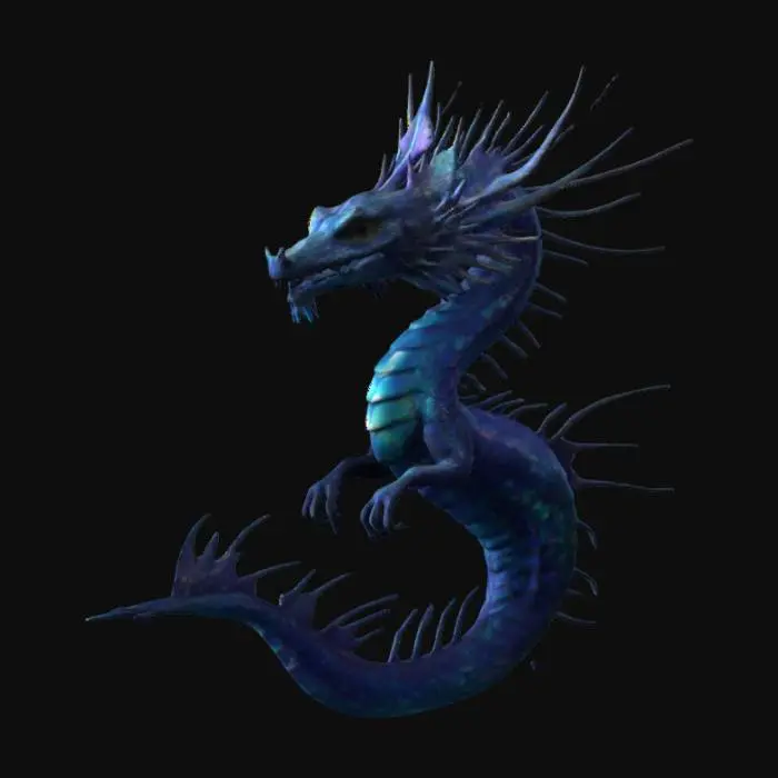 3D model for A sea dragon, a massive creature, its body covered in iridescent scales that glimmer like sapphires, has a long, narrow head topped by a pair of slender horns, its mouth is lined with razor-sharp teeth, and its body is adorned with a series of frills and fins