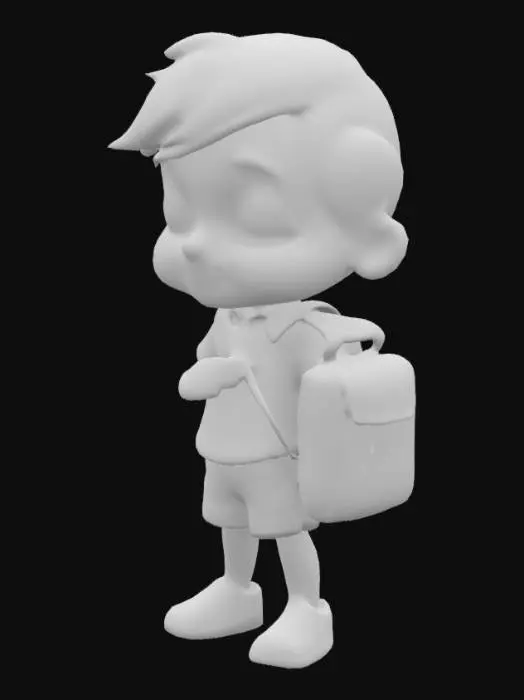 3D model for Create a small, toonish, low-poly 3D character inspired by the style of characters in the Mob Control mobile game. The character should be humanoid, with a slightly exaggerated cartoon style — large head, small body proportions. Unlike Mob Control characters, add unique features: give the character expressive eyes with a slight glow, a playful smirk, and a small backpack. Use a simple color palette with bright, cheerful colors (like pastel blue and yellow). The character should look suitable for a casual mobile game and be ready for rigging and animation. No textures, just flat colors. Keep polygon count low.