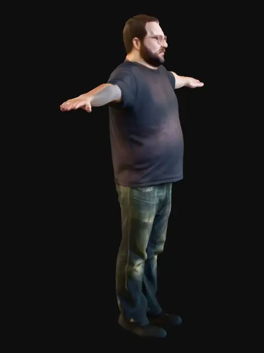 3D model for highly detailed character men in t-shirt in t-pose ( with small belly, typical geek) rigged model without extra artefacts