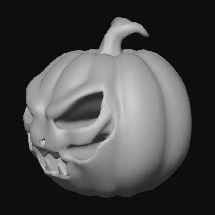 3D model for Highly detailed 3D model of a scary Halloween pumpkin, carved with an evil grinning face, glowing from the inside with warm orange light. Surface features deep grooves, rough natural texture, slightly decayed edges, and a twisted stem. Stylized for horror atmosphere — dark shading, subtle surface cracks, realistic candlelight flicker inside, spooky expression with sharp teeth and angry eyes. Studio lighting, isolated background, cinematic render, volumetric glow.