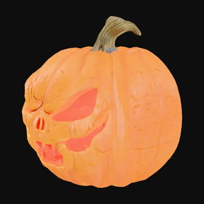 3D model for Highly detailed 3D model of a scary Halloween pumpkin, carved with an evil grinning face, glowing from the inside with warm orange light. Surface features deep grooves, rough natural texture, slightly decayed edges, and a twisted stem. Stylized for horror atmosphere — dark shading, subtle surface cracks, realistic candlelight flicker inside, spooky expression with sharp teeth and angry eyes. Studio lighting, isolated background, cinematic render, volumetric glow.
