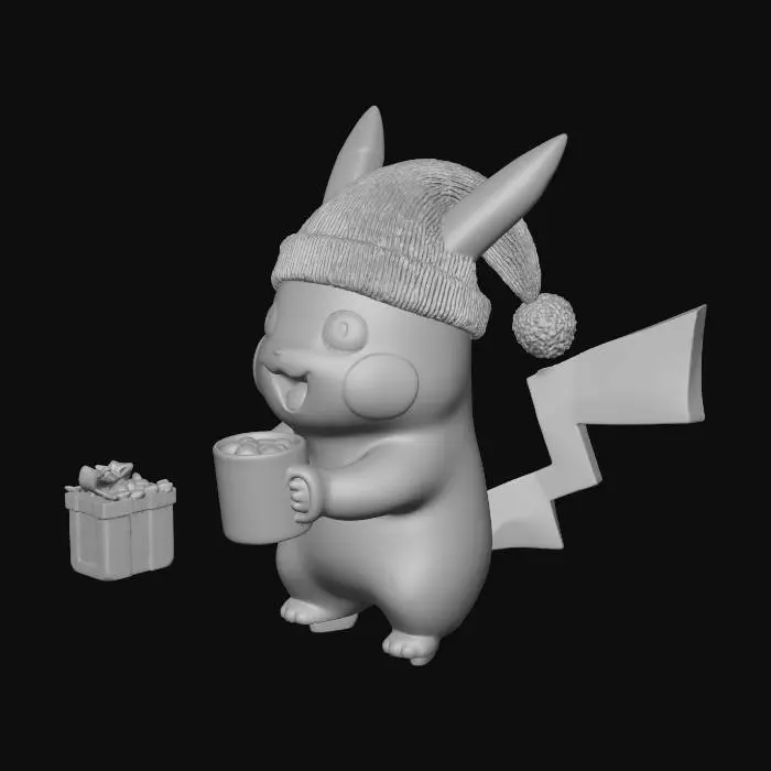 3D model for pikachu celebrating christmas, drinking cocoa near cozy fireplace, warm can festive athmosphere