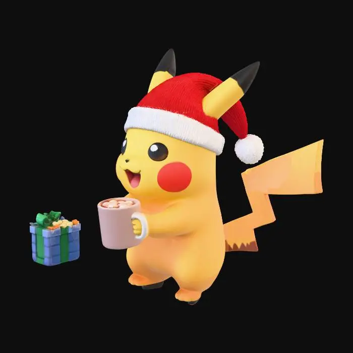 3D model for pikachu celebrating christmas, drinking cocoa near cozy fireplace, warm can festive athmosphere