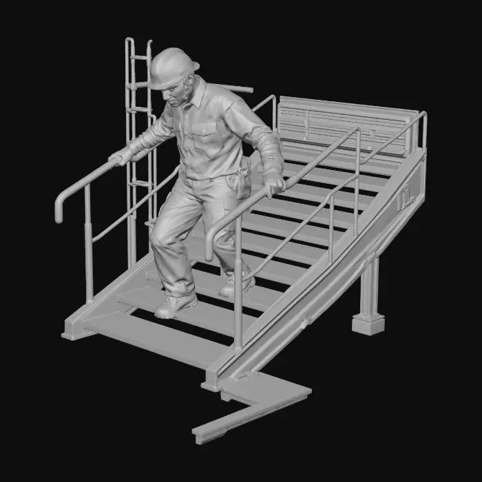 3D model for Industrial Worker in PPE on a Metal Staircase at an Industrial Plant