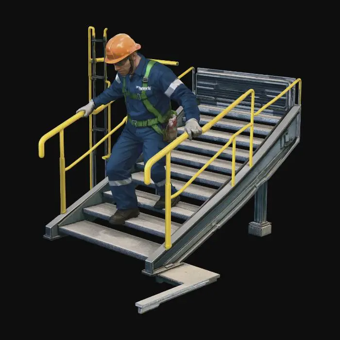 3D model for Industrial Worker in PPE on a Metal Staircase at an Industrial Plant