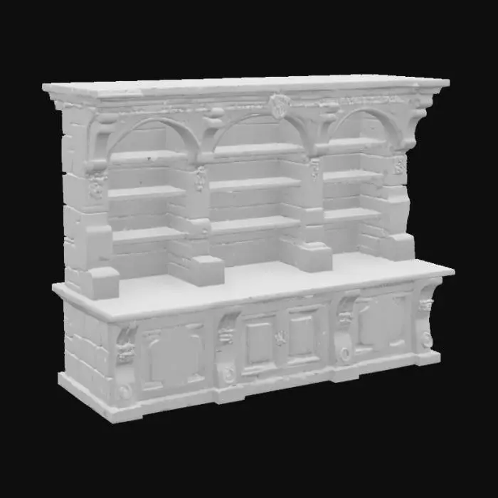 3D model for mueble de madera y piedra estilo medieval con estantarias sin puertas texturizado