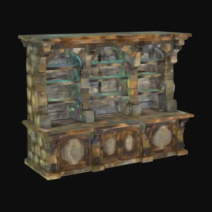 3D model for mueble de madera y piedra estilo medieval con estantarias sin puertas texturizado