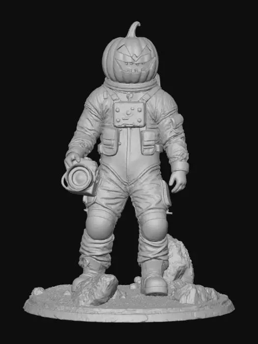 3D model for A pumpkin-headed astronaut floating in space, holding a “Trick or Treat” bag filled with candy. The pumpkin head glows warmly from inside. The spacesuit is metallic purple and orange with clear Halloween decorations like small pumpkin symbols and glowing stitches. Cinematic lighting, ultra detailed textures.