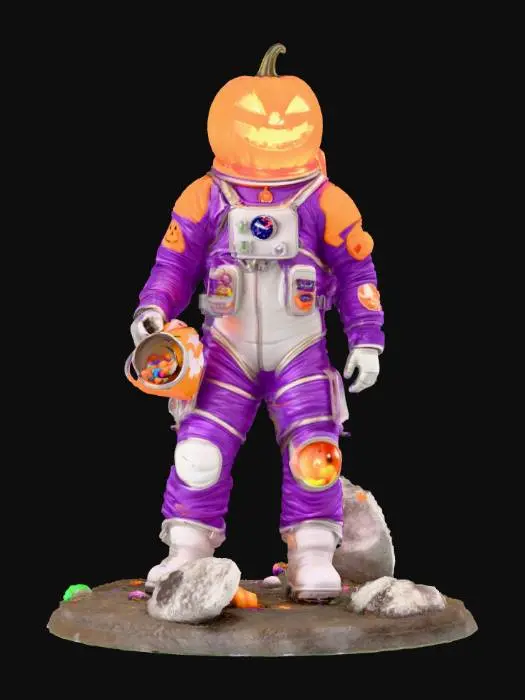3D model for A pumpkin-headed astronaut floating in space, holding a “Trick or Treat” bag filled with candy. The pumpkin head glows warmly from inside. The spacesuit is metallic purple and orange with clear Halloween decorations like small pumpkin symbols and glowing stitches. Cinematic lighting, ultra detailed textures.
