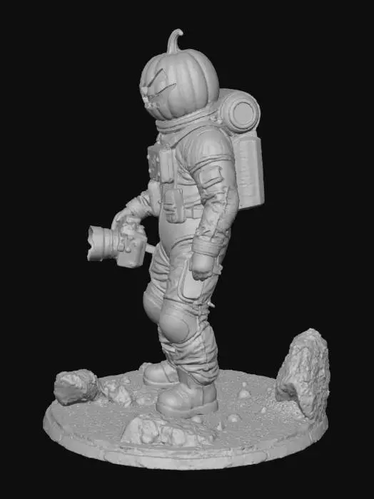 3D model for A pumpkin-headed astronaut floating in space, holding a “Trick or Treat” bag filled with candy. The pumpkin head glows warmly from inside. The spacesuit is metallic purple and orange with clear Halloween decorations like small pumpkin symbols and glowing stitches. Cinematic lighting, ultra detailed textures.