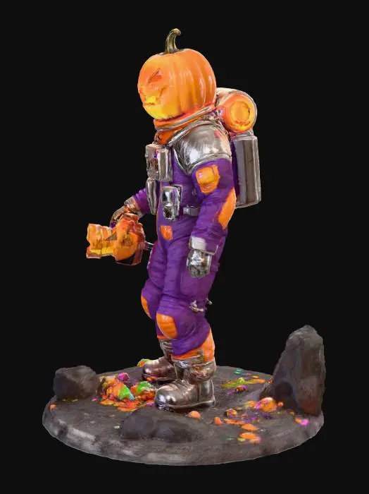 3D model for A pumpkin-headed astronaut floating in space, holding a “Trick or Treat” bag filled with candy. The pumpkin head glows warmly from inside. The spacesuit is metallic purple and orange with clear Halloween decorations like small pumpkin symbols and glowing stitches. Cinematic lighting, ultra detailed textures.