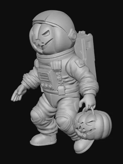 3D model for A pumpkin-headed astronaut floating in space, holding a “Trick or Treat” bag filled with candy. The pumpkin head glows warmly from inside. The spacesuit is metallic purple and orange with clear Halloween decorations like small pumpkin symbols and glowing stitches. Cinematic lighting, ultra detailed textures.