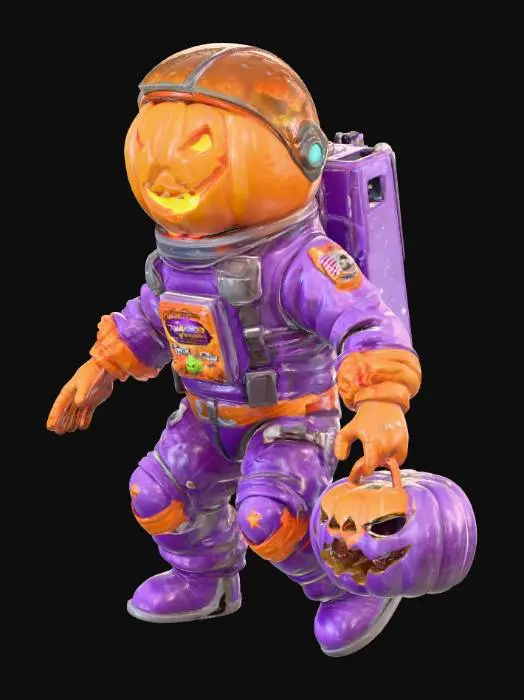 3D model for A pumpkin-headed astronaut floating in space, holding a “Trick or Treat” bag filled with candy. The pumpkin head glows warmly from inside. The spacesuit is metallic purple and orange with clear Halloween decorations like small pumpkin symbols and glowing stitches. Cinematic lighting, ultra detailed textures.