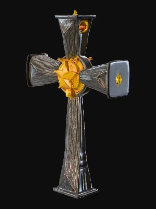 3D model for an ancient wooden cross with a star emblem in the middle and with curved edges and small cracks. but with nobody in it only the cross dont put anybody crucified dont