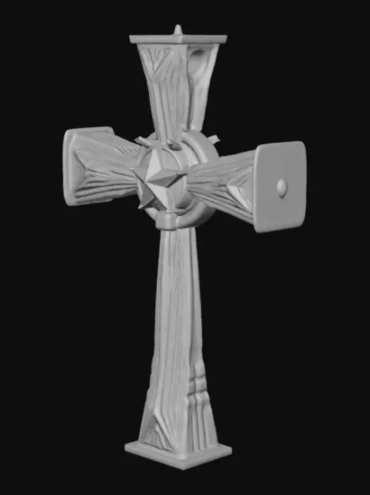3D model for an ancient wooden cross with a star emblem in the middle and with curved edges and small cracks. but with nobody in it only the cross dont put anybody crucified dont