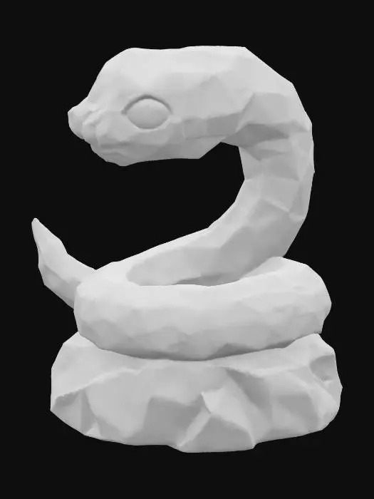 3D model for "Chibi crystal snake enemy, translucent body with rainbow refractions, gemstone eyes, coiled pose on a rock, semi-realistic chibi style, fantasy RPG, 3D render, blender style"