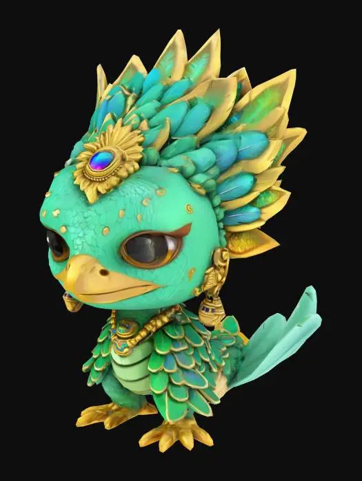 3D model for Chibi Quetzalcóatl, serpentine body with iridescent green and blue feathers, golden scales underneath,  ornate Mesoamerican jewelry on its neck, floating over ancient ruins, semi-realistic chibi style, vibrant colors  #AroundTheWorld# #Mexico#