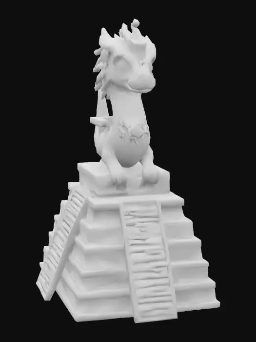 3D model for Mythological serpent with iridescent green and blue feathers, golden scales underneath,  ornate Mesoamerican jewelry on its neck, over mayan pyramid, semi-realistic chibi style, vibrant colors  #AroundTheWorld# #Mexico#